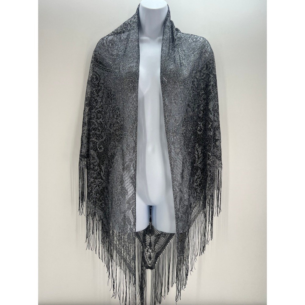 A. Brod Vintage Metallic Silver Black Lace Fringe Shawl Wrap Made in Japan